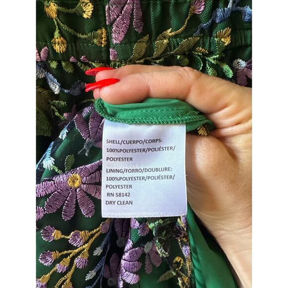 Maggie London Green Floral Embroidered Ruffle Sleeveless A-Line Midi Dress 10 - Picture 9 of 10